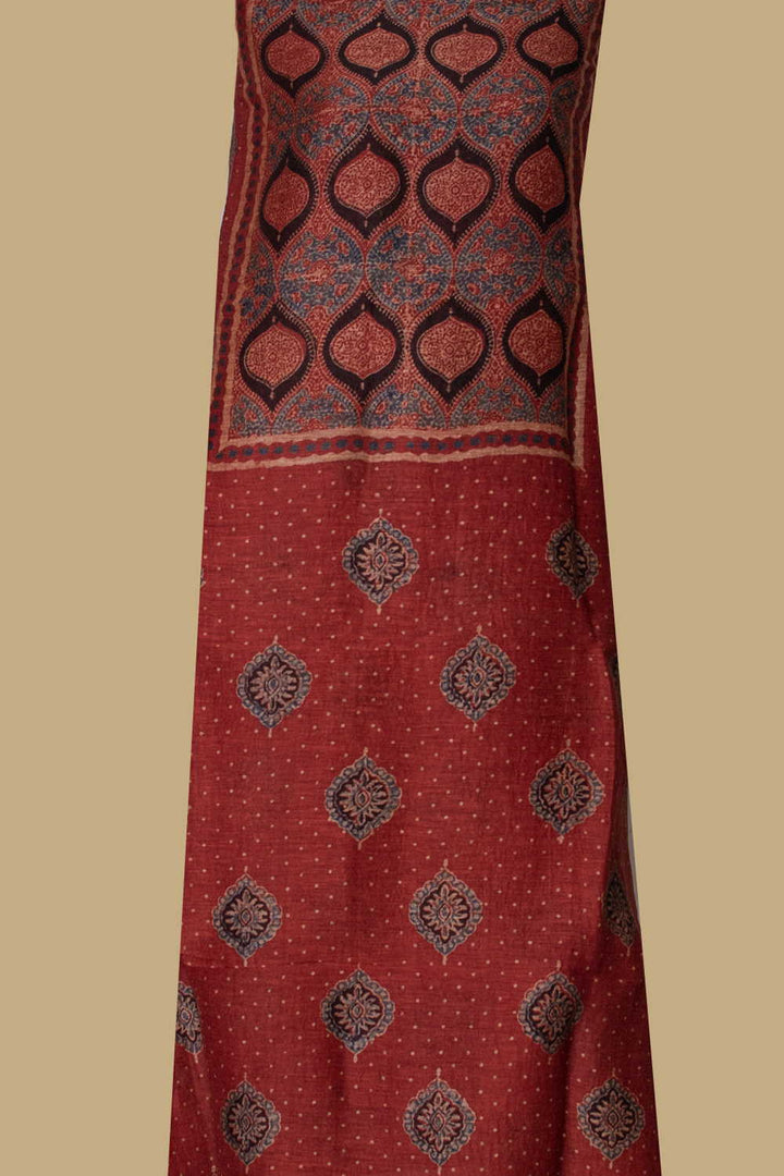 Maroon Ajrak Linen Kurta Fabric