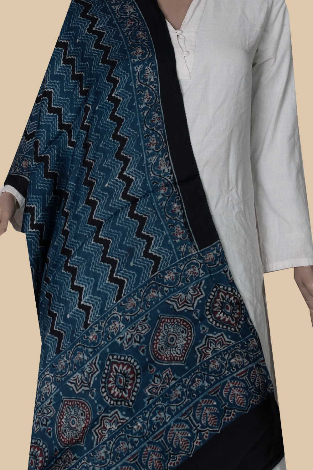 Indigo with Chevron Ajrak Modal Silk Stole