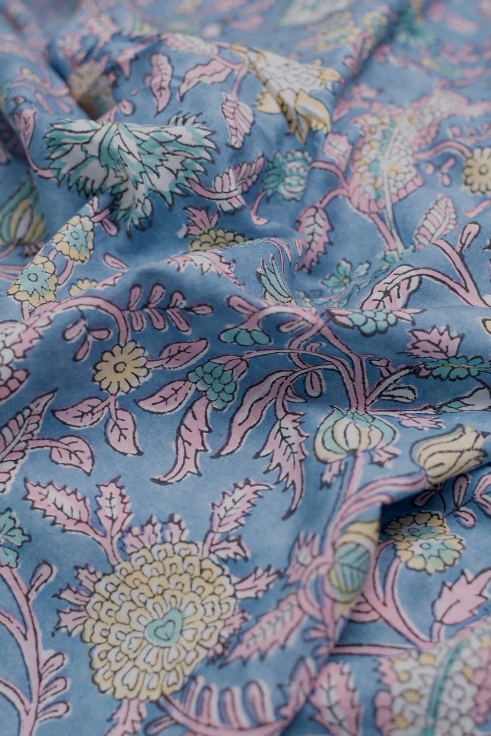 Hand block printed Sanganeri cotton fabric with floral motifs - Matkatus 