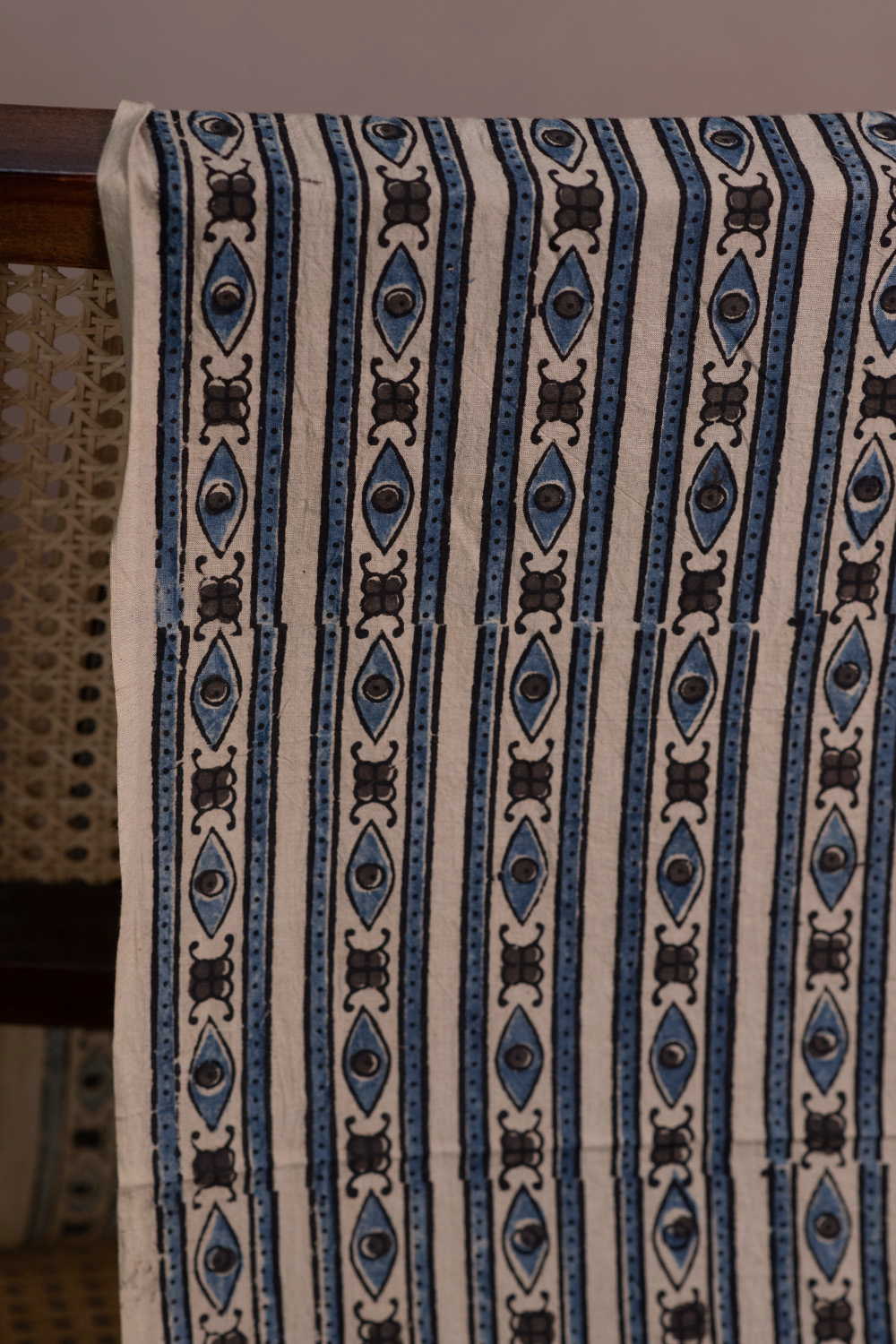 Cream with Indigo Stripes Ajrak Cotton Fabric