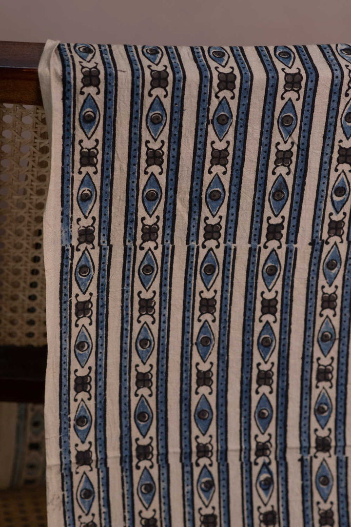 Cream with Indigo Stripes Ajrak Cotton Fabric