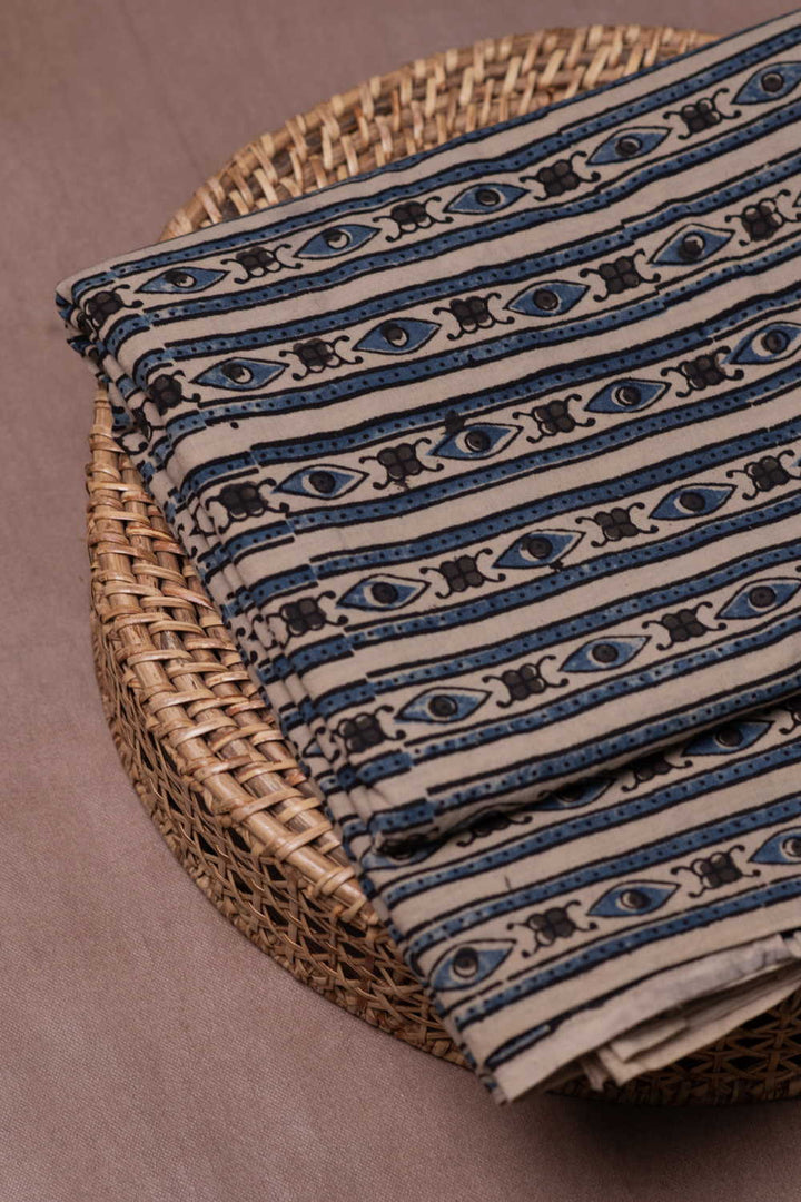 Cream with Indigo Stripes Ajrak Cotton Fabric