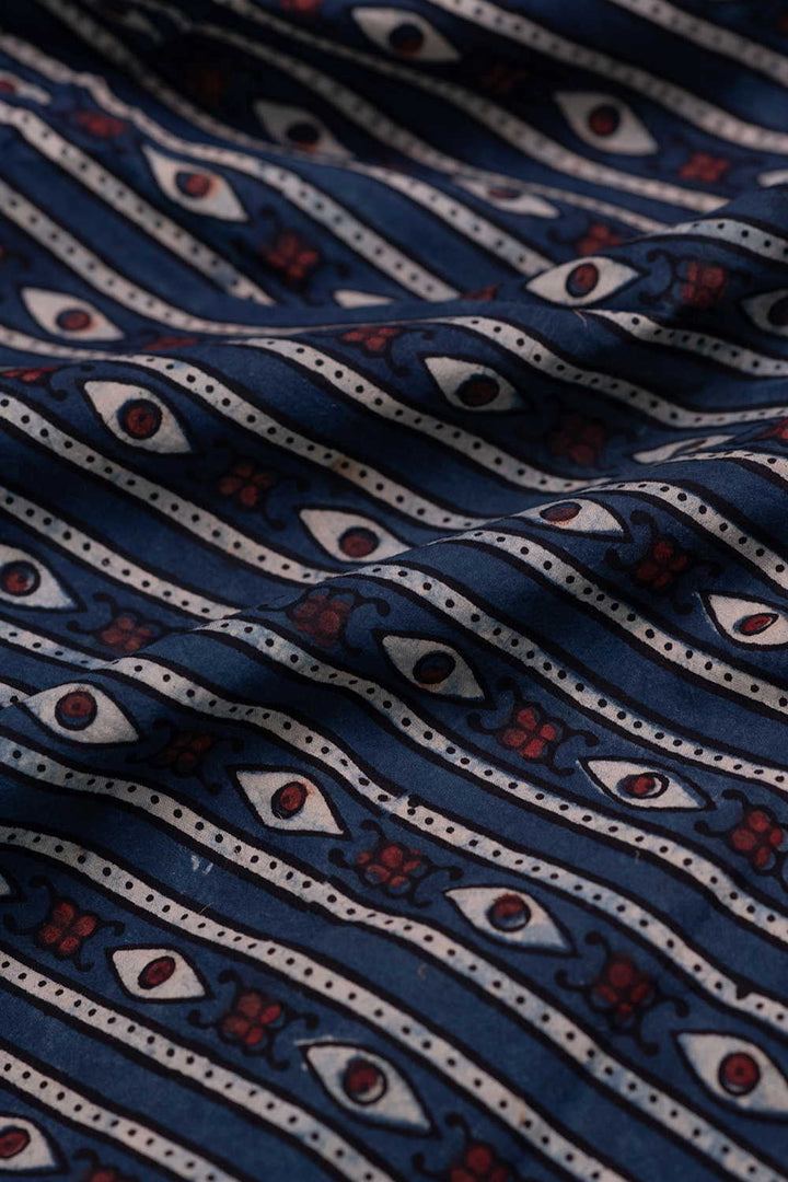 Eye Pattern on Indigo Ajrak Cotton Fabric