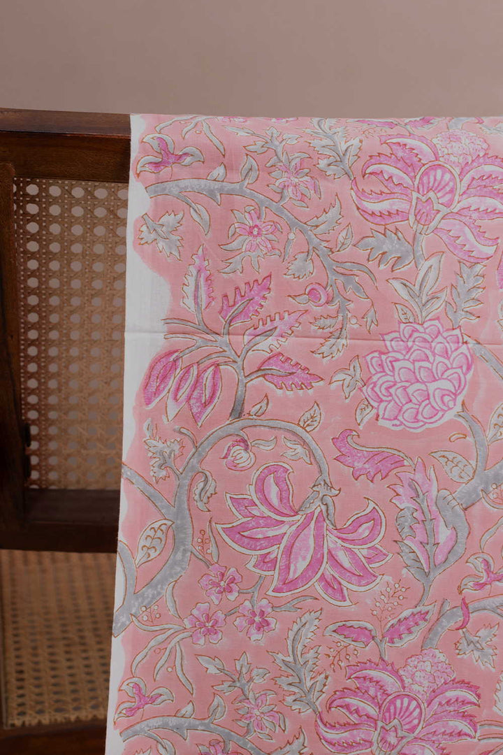 Pink with Green Floral Sanganeri Cotton Fabric