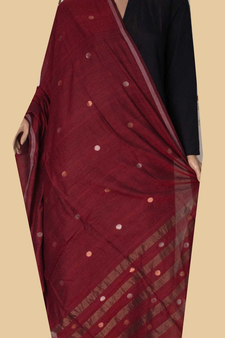 Zari Buttas on Maroon Jamdani Cotton Dupatta