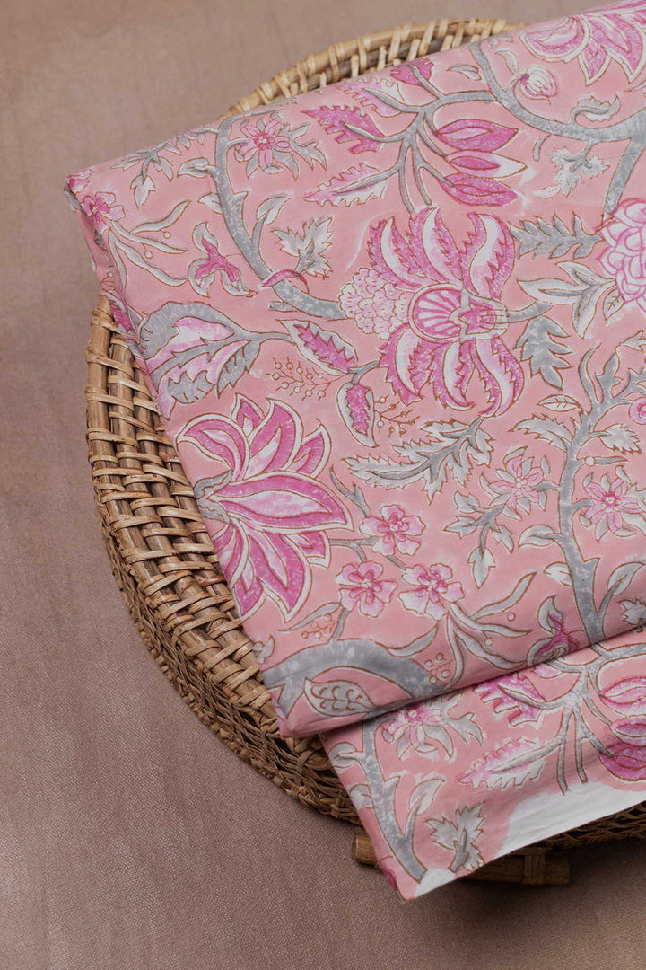 Pink with Green Floral Sanganeri Cotton Fabric