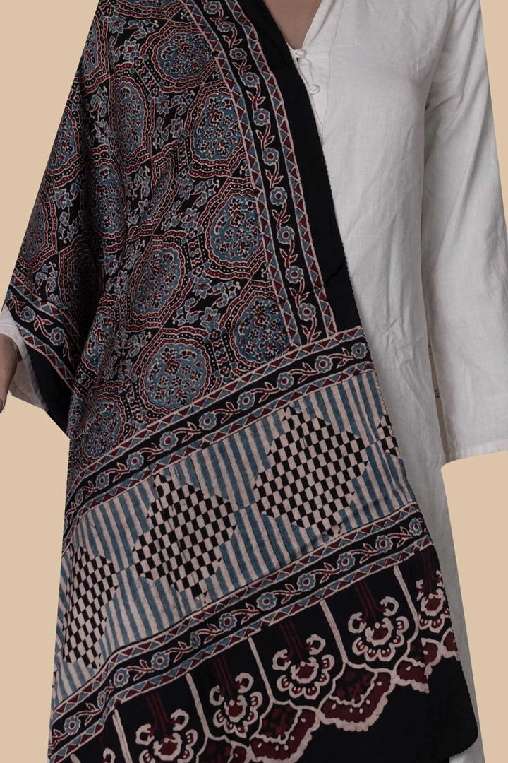 Black Ajrak Modal Silk Stole