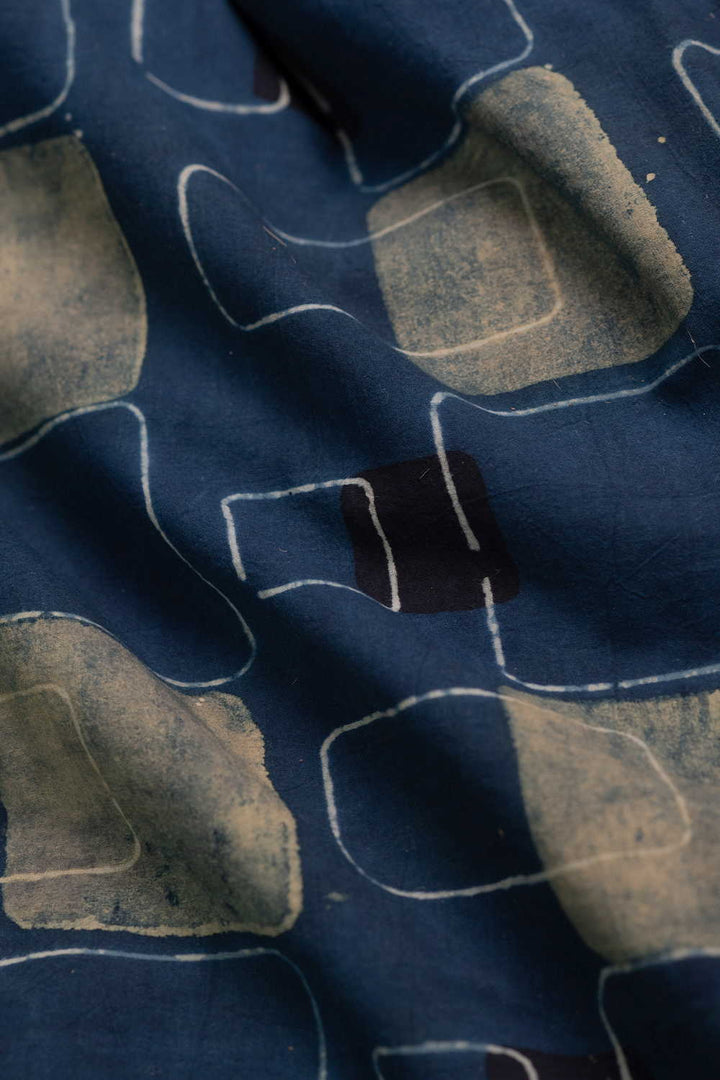 Square Motifs on Indigo Ajrak Cotton Fabric