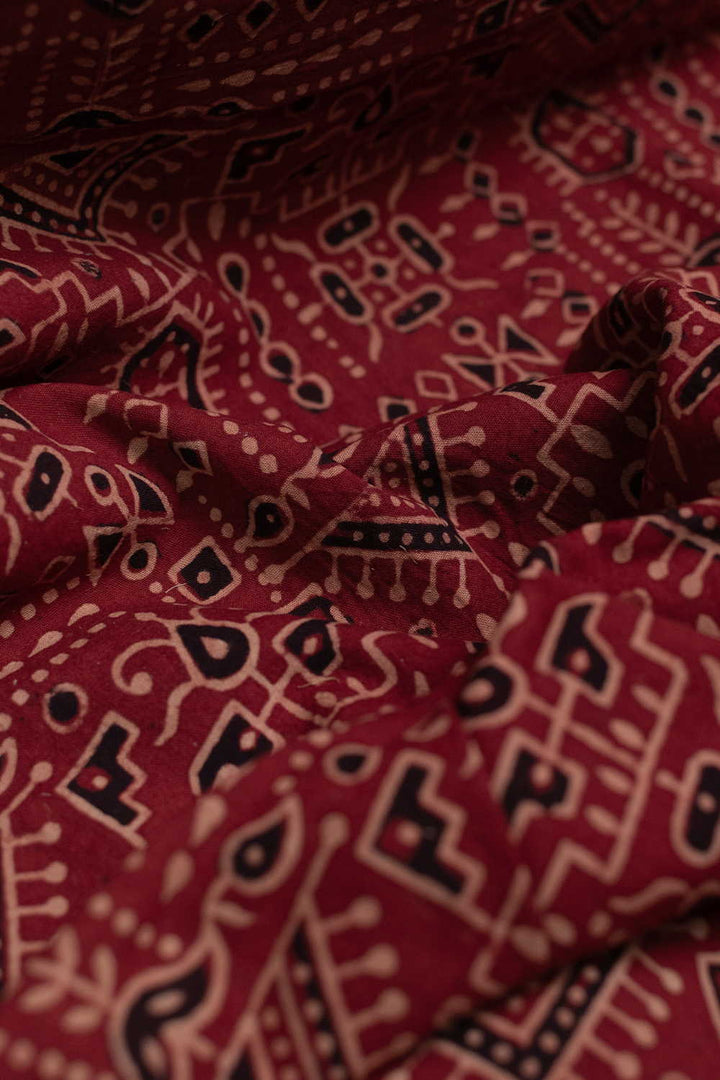 Patterned on Maroon Ajrak Cotton Fabric-0.5m