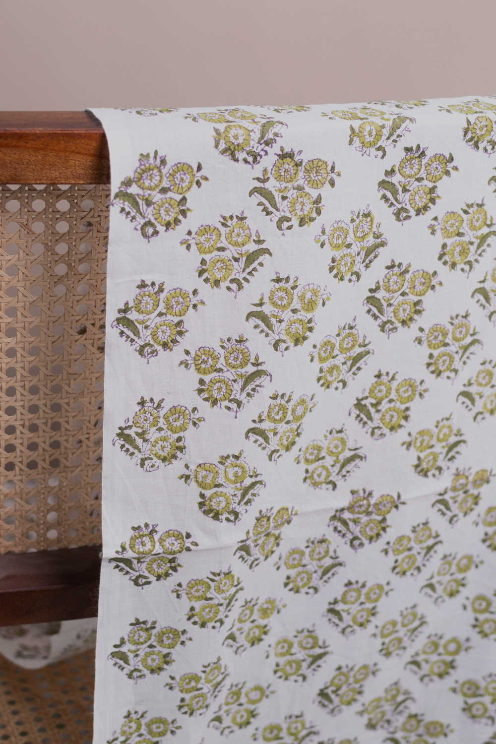 Green Florets - Cream Sanganeri Cotton Fabric - 0.5m