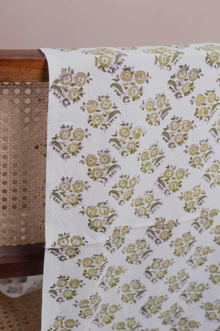 Green Florets - Cream Sanganeri Cotton Fabric - 0.5m