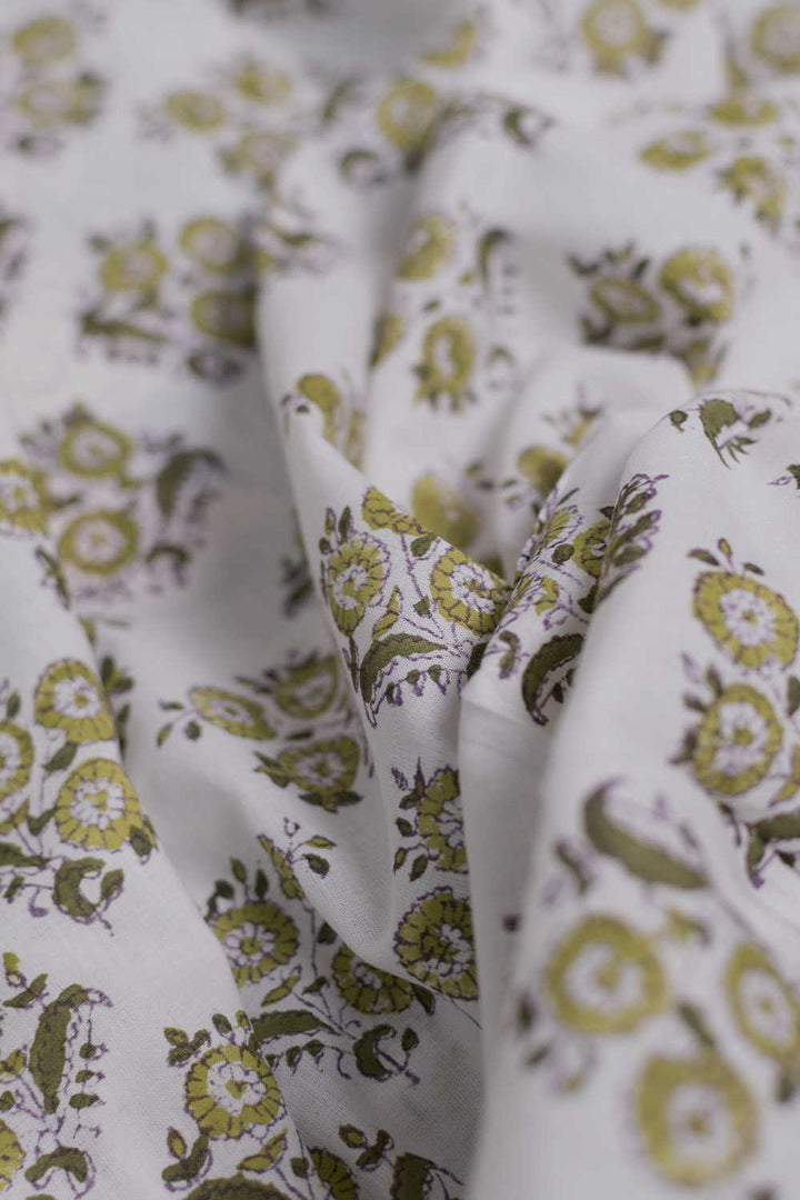 Green Florets - Cream Sanganeri Cotton Fabric - 0.5m