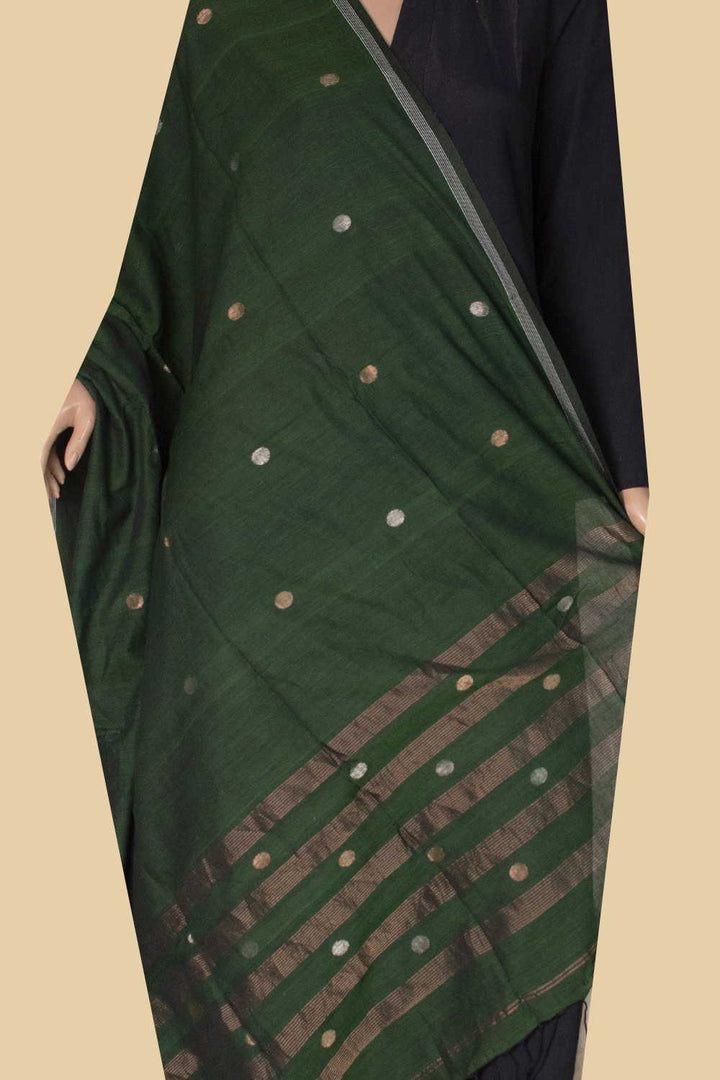 Green - Silver & Gold Zari Butti Jamdani Cotton Dupatta