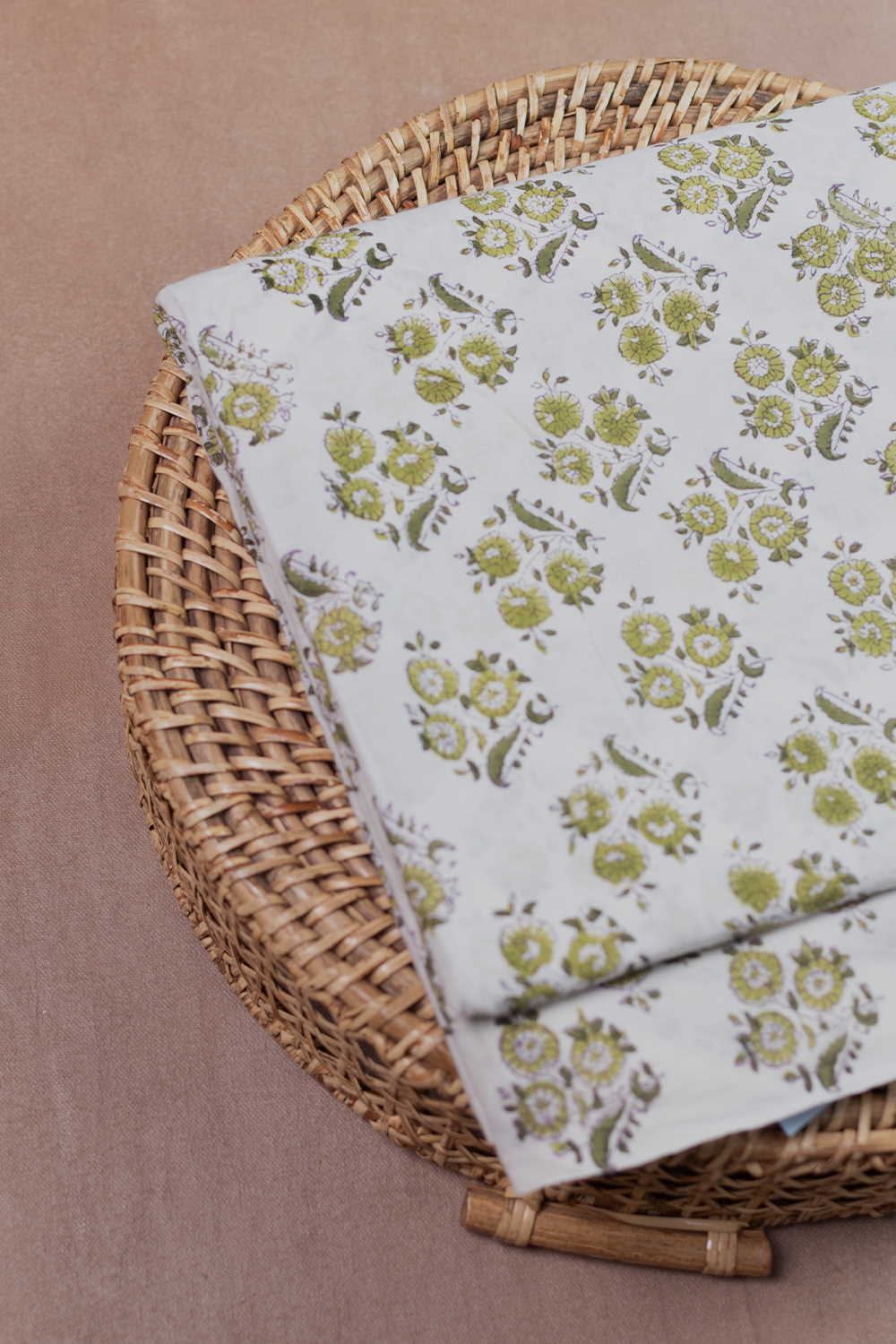 Green Florets - Cream Sanganeri Cotton Fabric - 0.5m