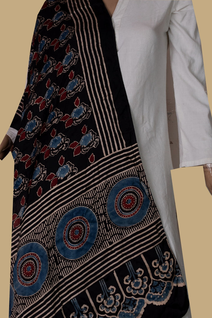 Floral Butta on Black Ajrak Modal Silk Stole