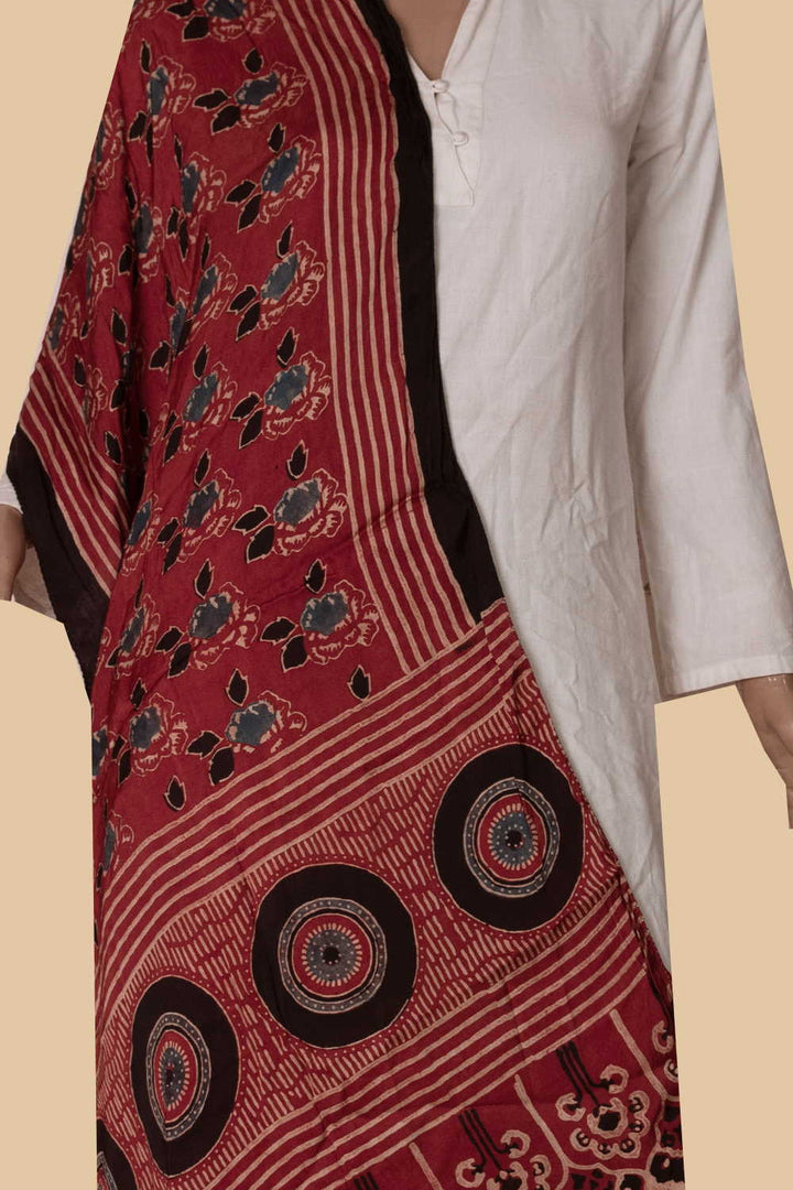 Floral on Maroon Ajrak Modal Silk Stole