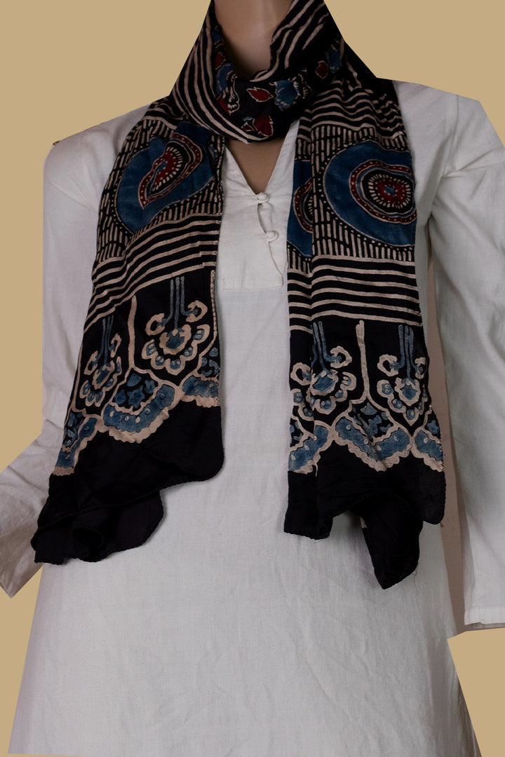 Floral Butta on Black Ajrak Modal Silk Stole
