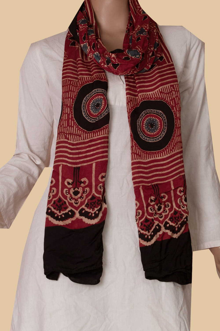 Floral on Maroon Ajrak Modal Silk Stole
