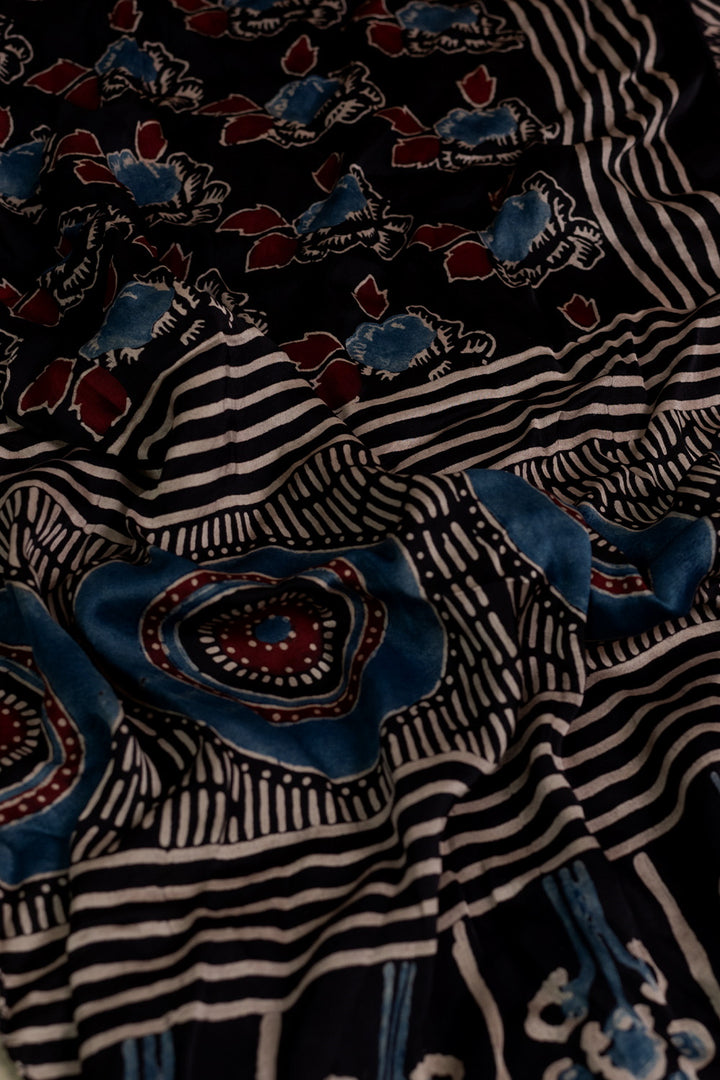 Floral Butta on Black Ajrak Modal Silk Stole