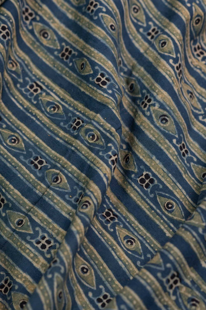 Green Pattern on Indigo Ajrak Cotton Fabric