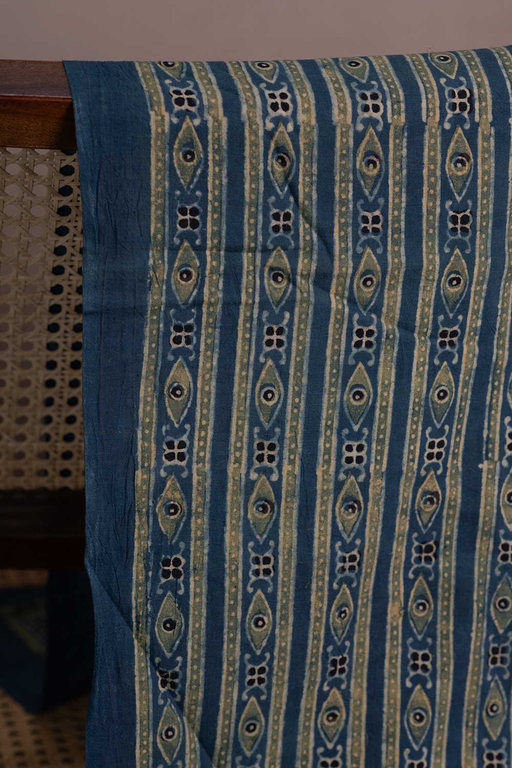 Green Pattern on Indigo Ajrak Cotton Fabric