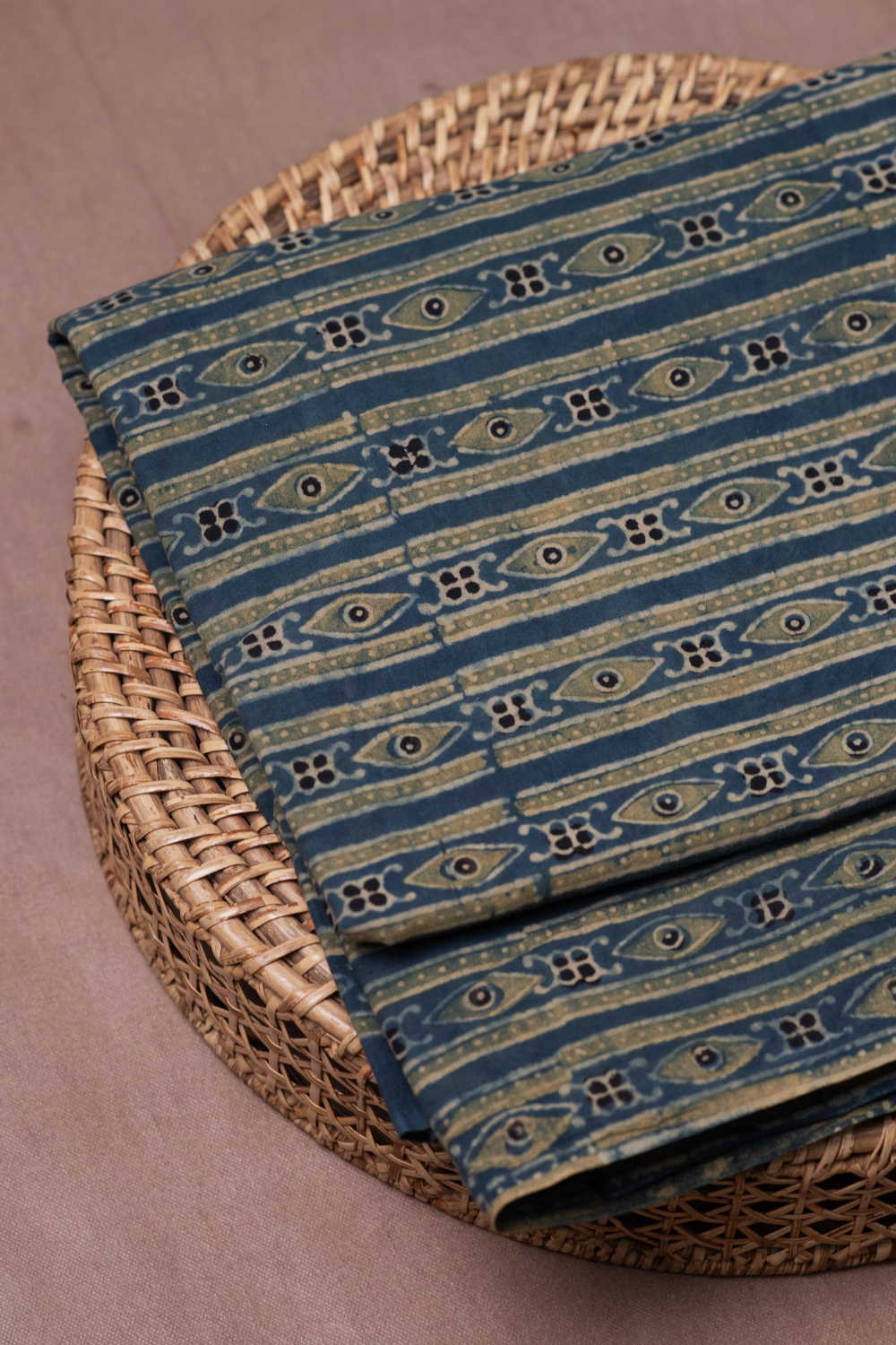 Green Pattern on Indigo Ajrak Cotton Fabric