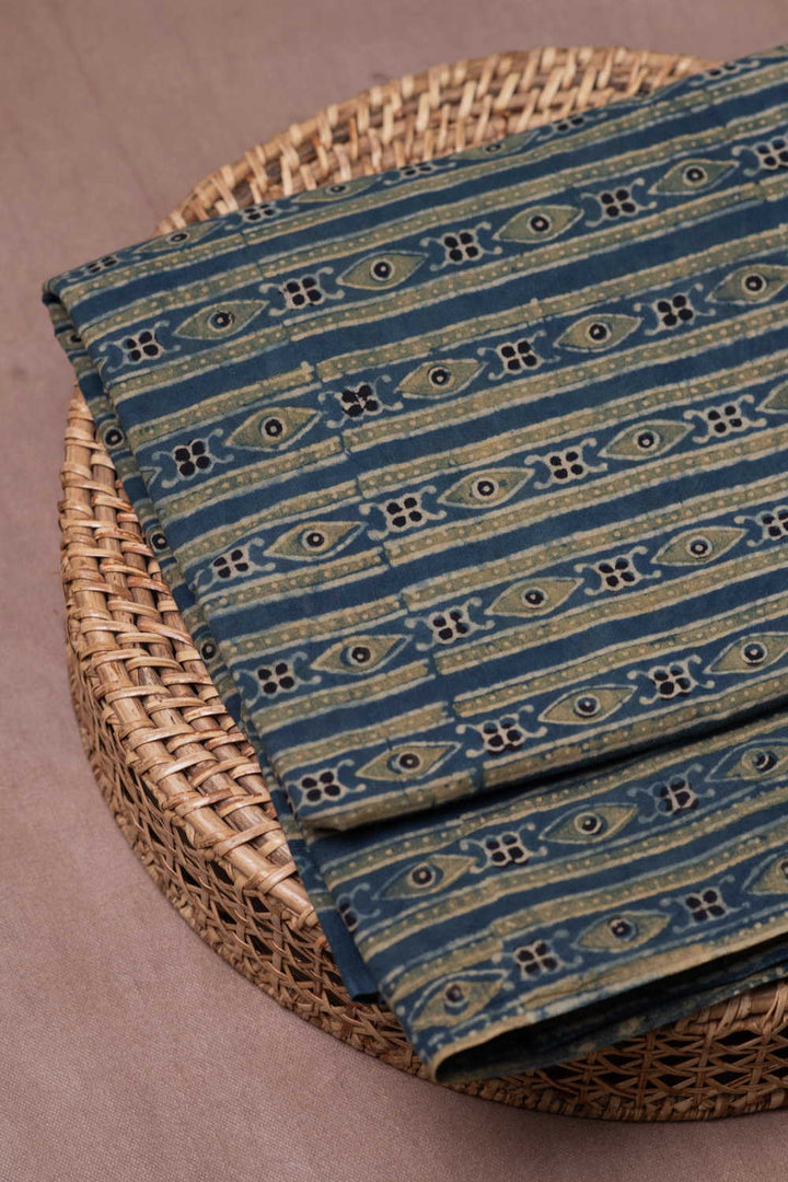 Green Pattern on Indigo Ajrak Cotton Fabric