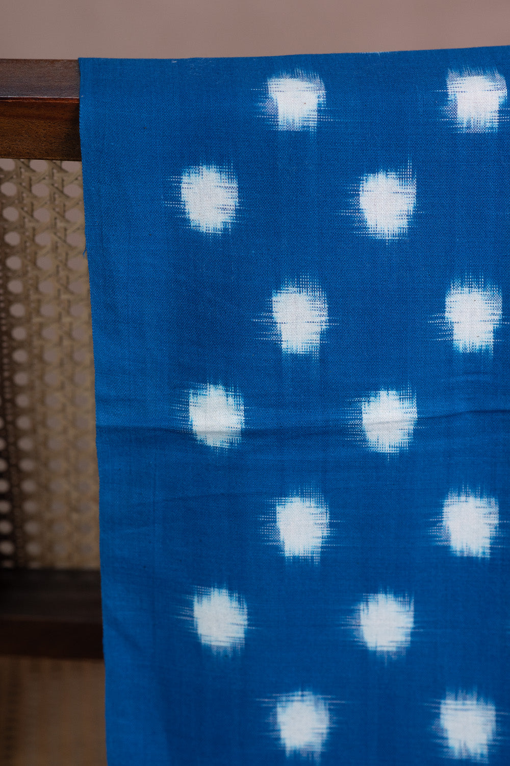 Polka Dots on Blue Ikat Cotton Fabric