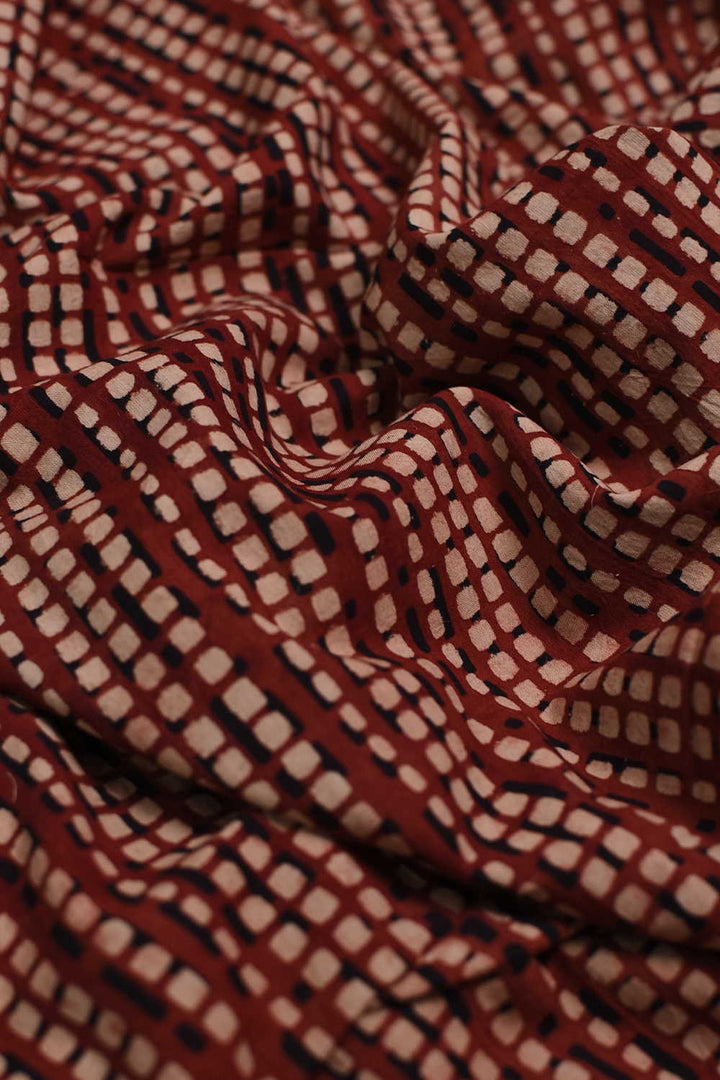 Dotted Stripes on Maroon Ajrak Cotton Fabric - 0.5m
