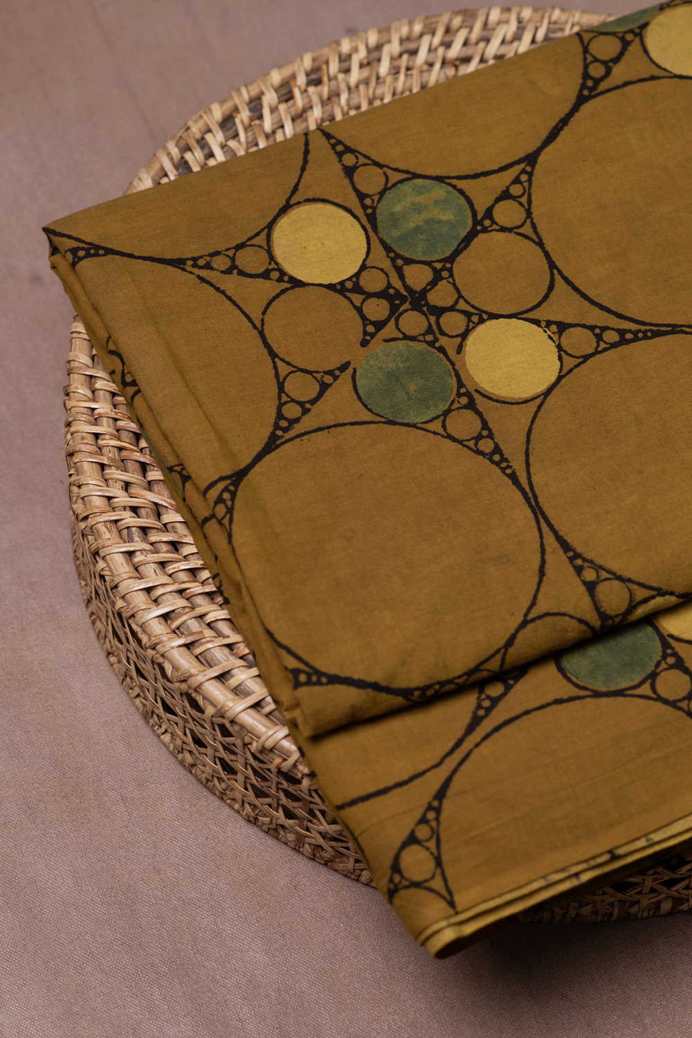 Circle Motifs on Yellow Ajrak Cotton Fabric