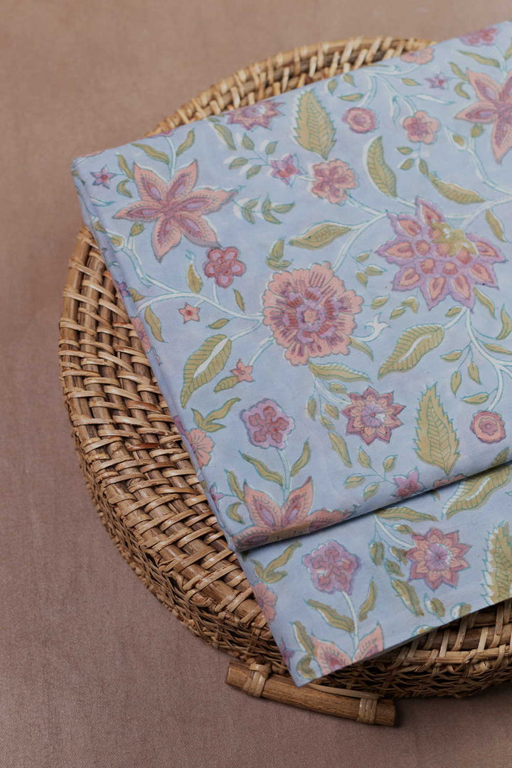Water Coloured Blue Sanganeri Cotton Fabric