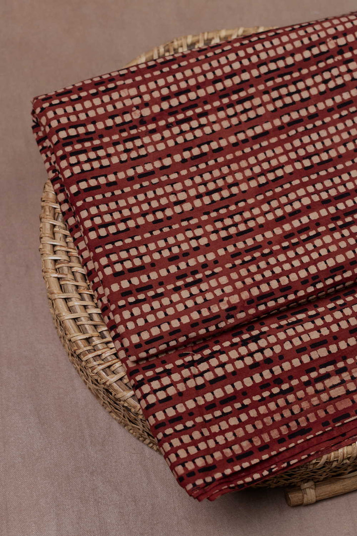 Dotted Stripes on Maroon Ajrak Cotton Fabric