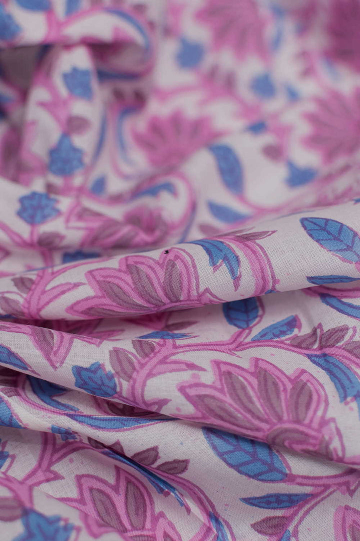 Pink Cluster Floral Sanganeri Cotton Fabric