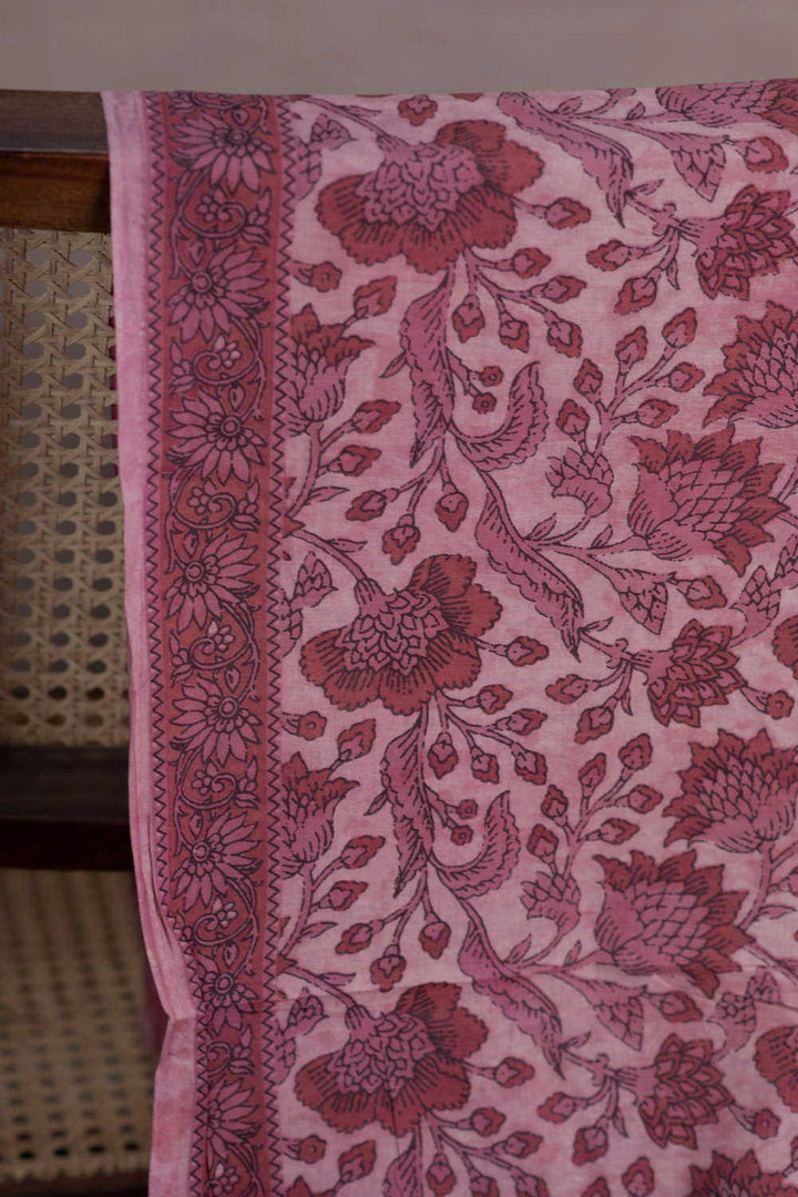 Pink Floral Block Printed Cotton Fabric