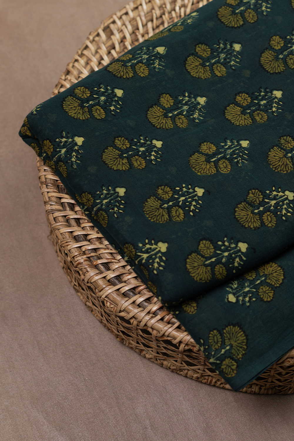 Tri Butta - Green Ajrak Mul Cotton Fabric