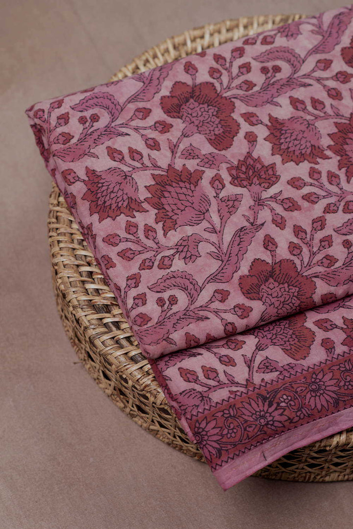 Pink Floral Block Printed Cotton Fabric