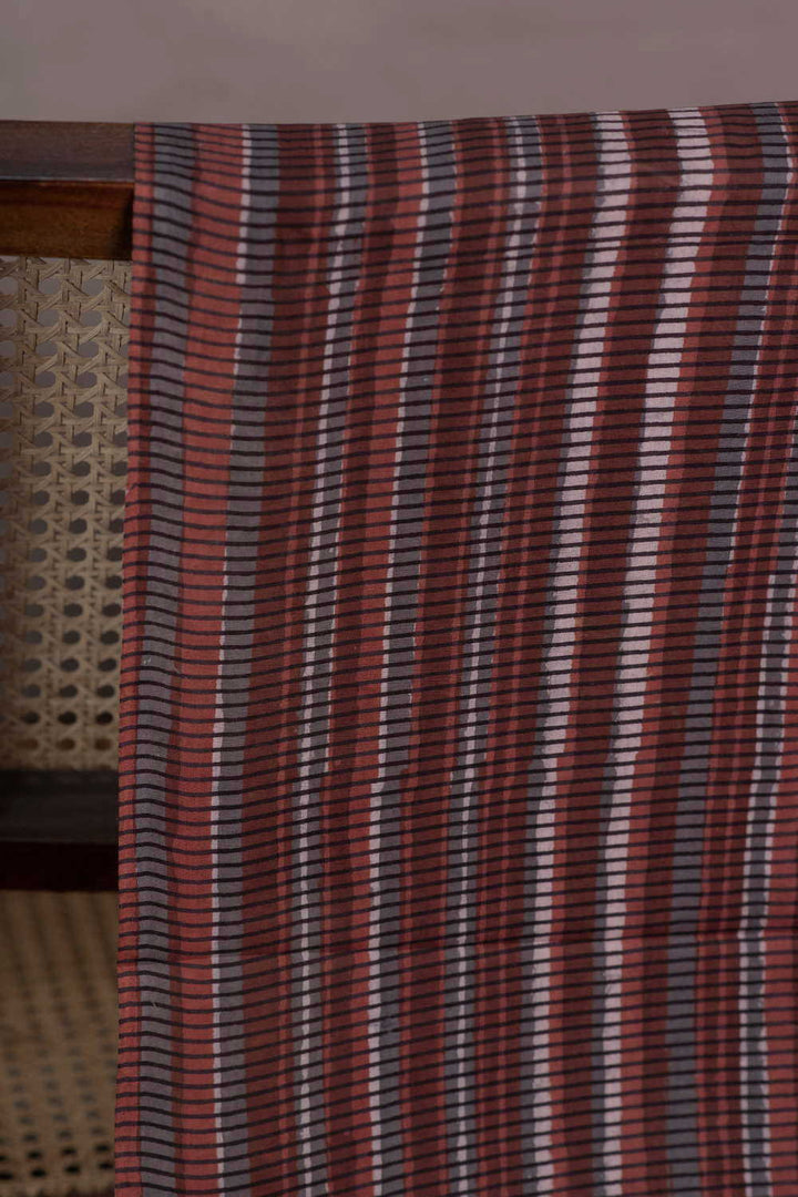 Brown Random Checks Block Printed Cotton Fabric
