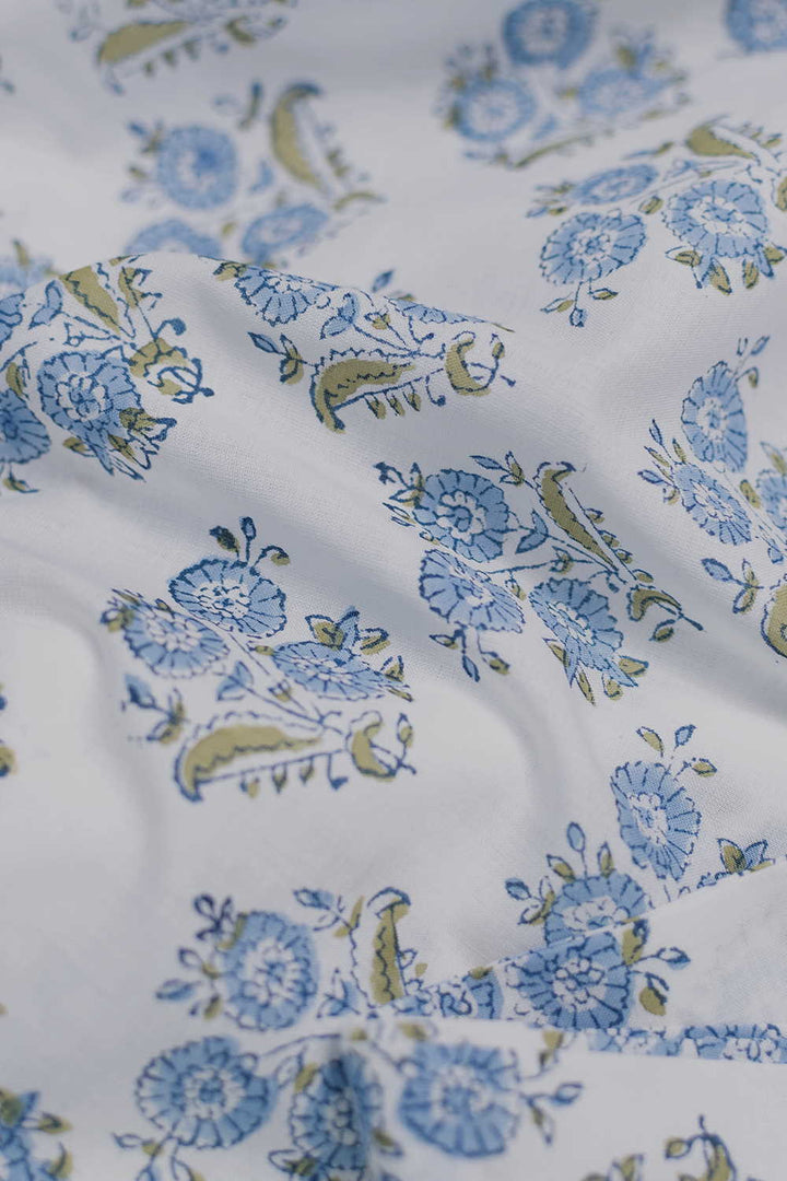 Tri Butta Floral on Off-White Sanganeri Cotton Fabric