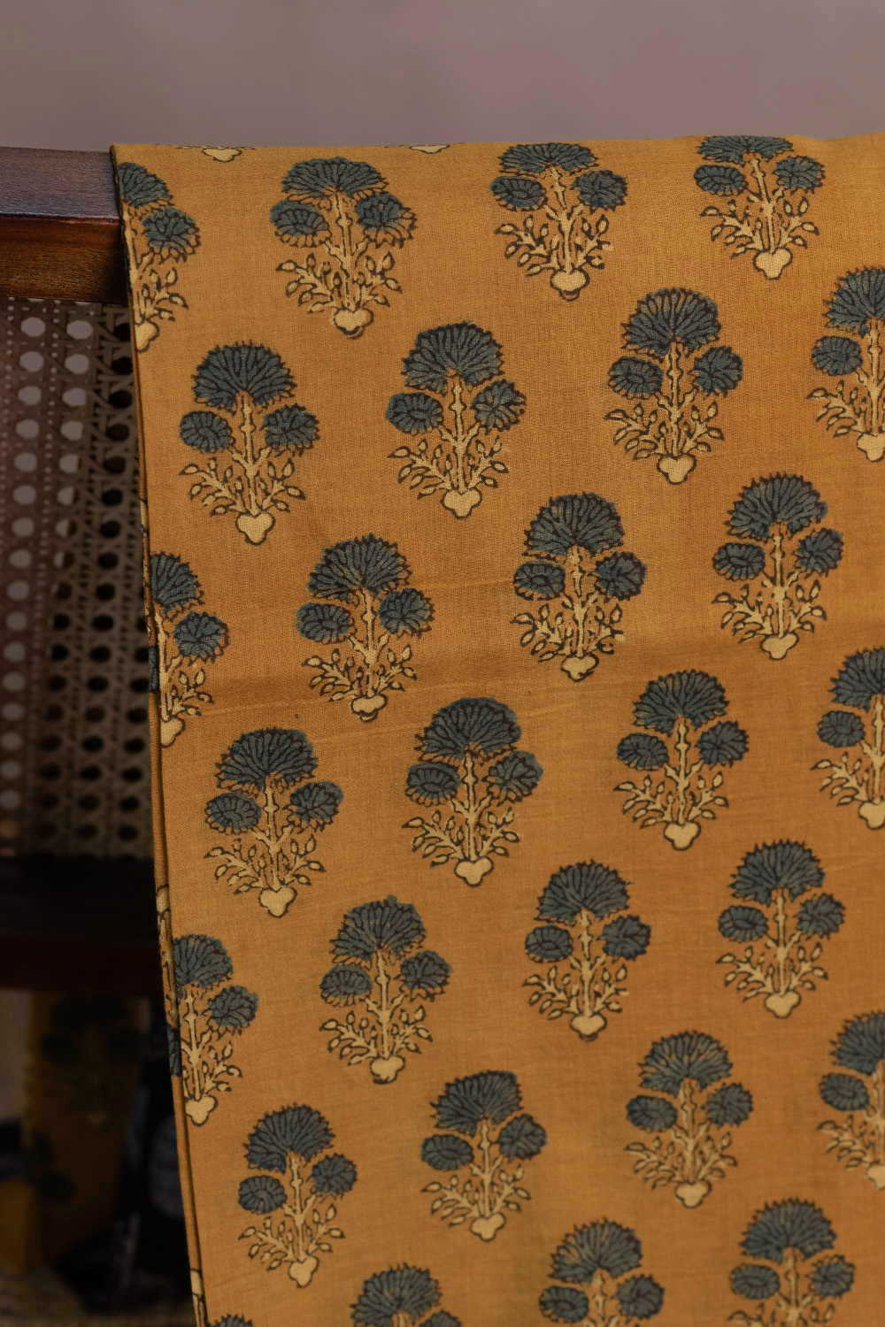 Green Tri Floral - Yellow Ajrak Mul Cotton Fabric