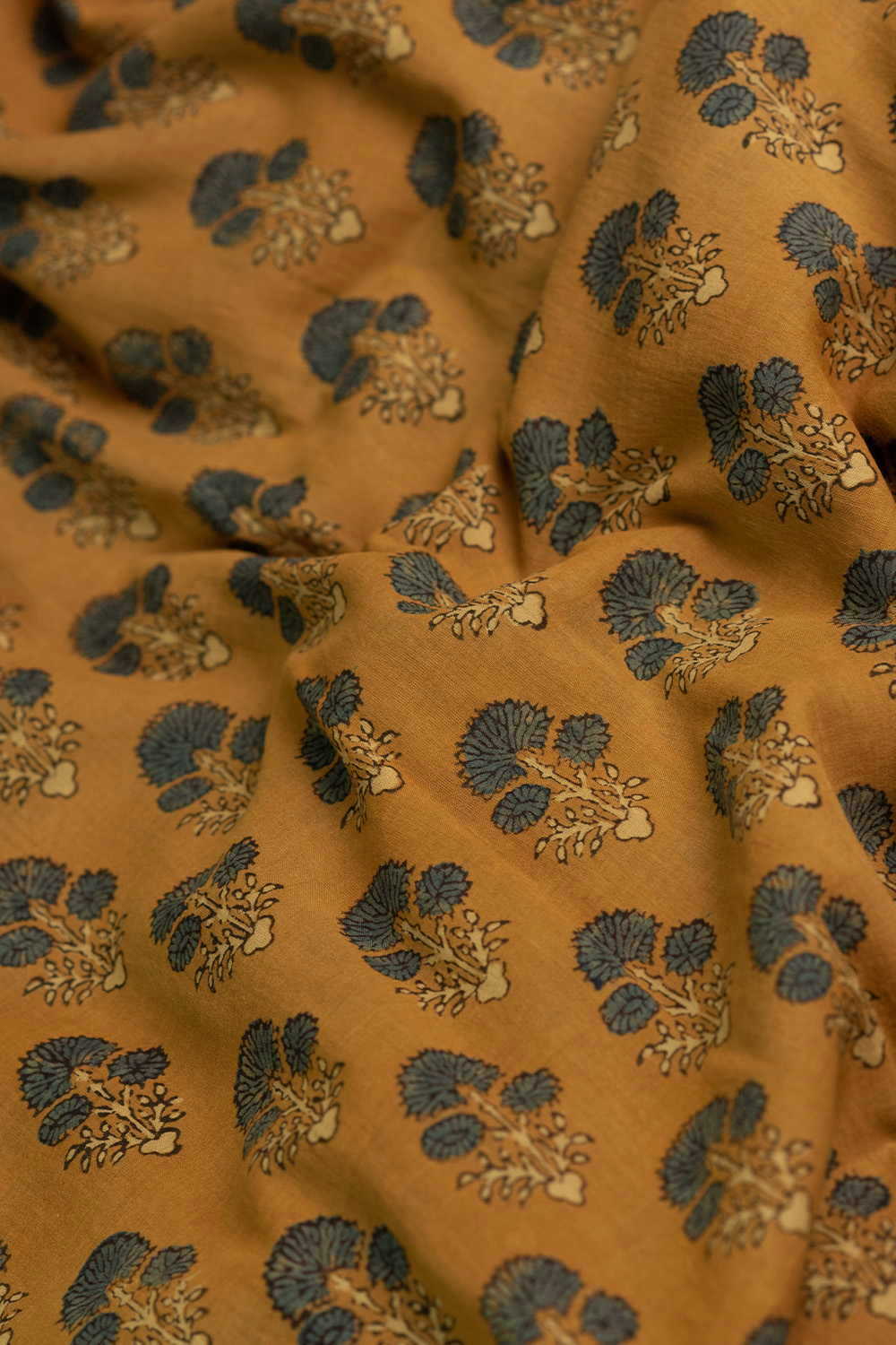 Green Tri Floral - Yellow Ajrak Mul Cotton Fabric