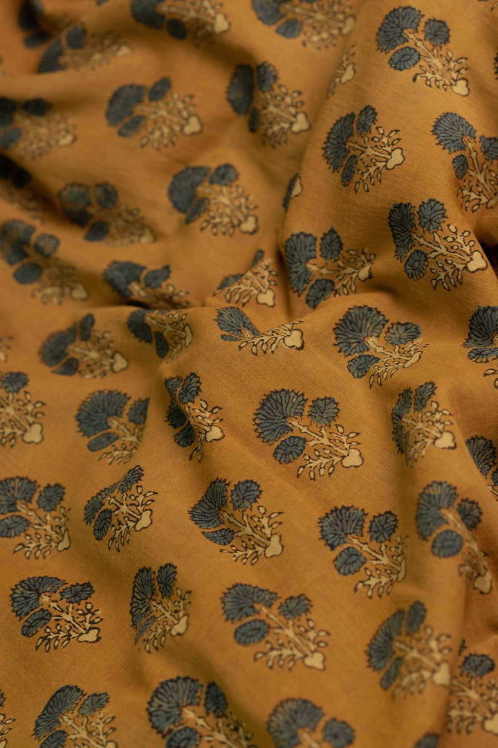 Green Tri Floral - Yellow Ajrak Mul Cotton Fabric