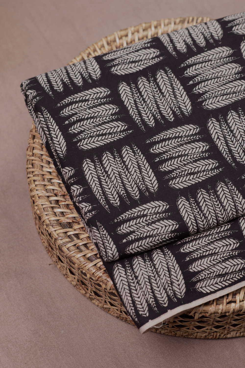 Black - Leafy Pattern Bagru Cotton Fabric