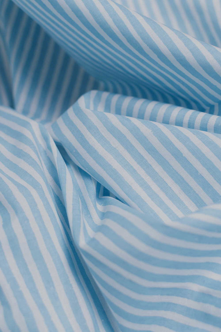 Blue with Cream Stripe Sanganeri Cotton Fabric - 0.8m