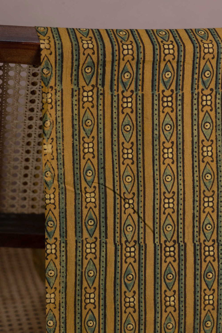 Green Stripes on Yellow Ajrak Cotton Fabric