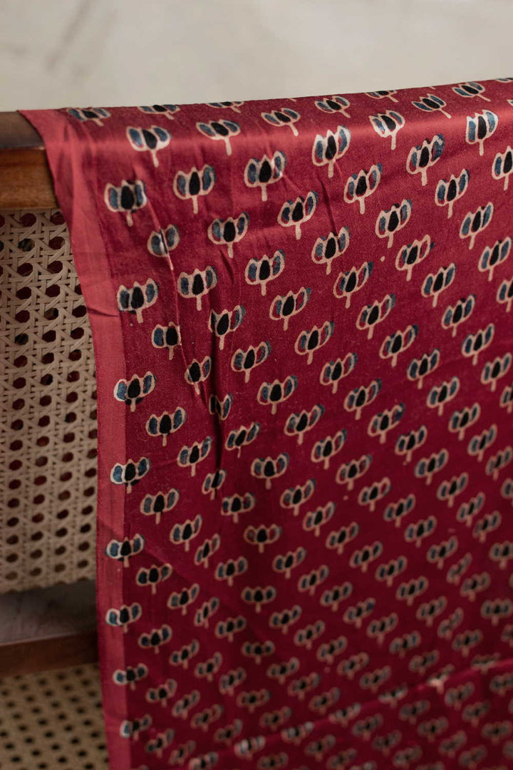 Maroon with Tiny Lotus Ajrak Modal Silk Fabric