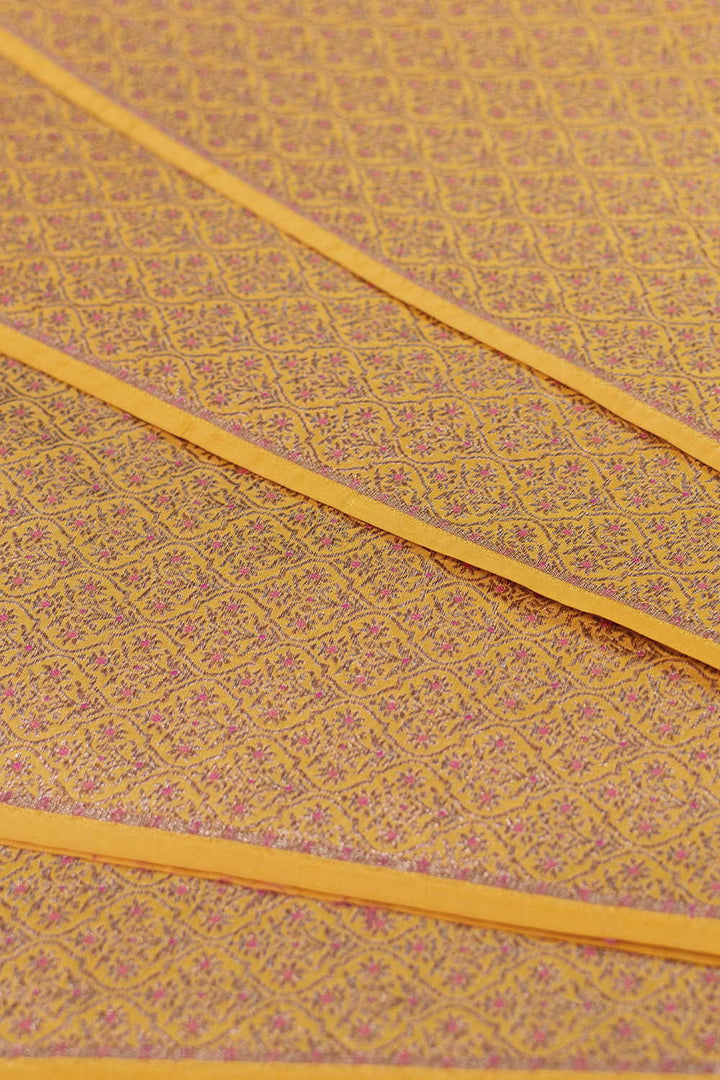 Mustard Yellow with Pink Accents Banarasi Silk Fabric - 0.5m