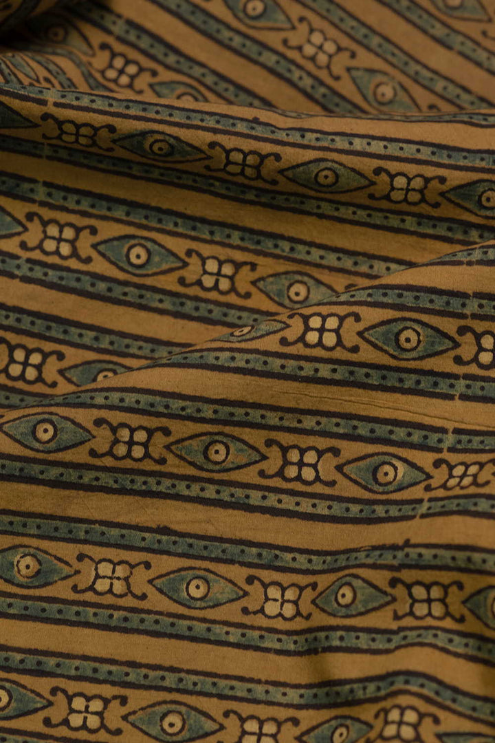 Green Stripes on Yellow Ajrak Cotton Fabric