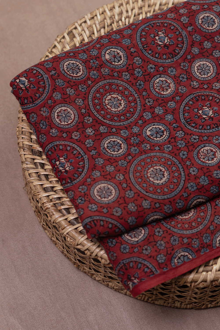 Scarlet Maroon Ajrak Mul Cotton Fabric