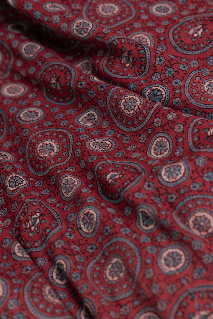 Scarlet Maroon Ajrak Mul Cotton Fabric