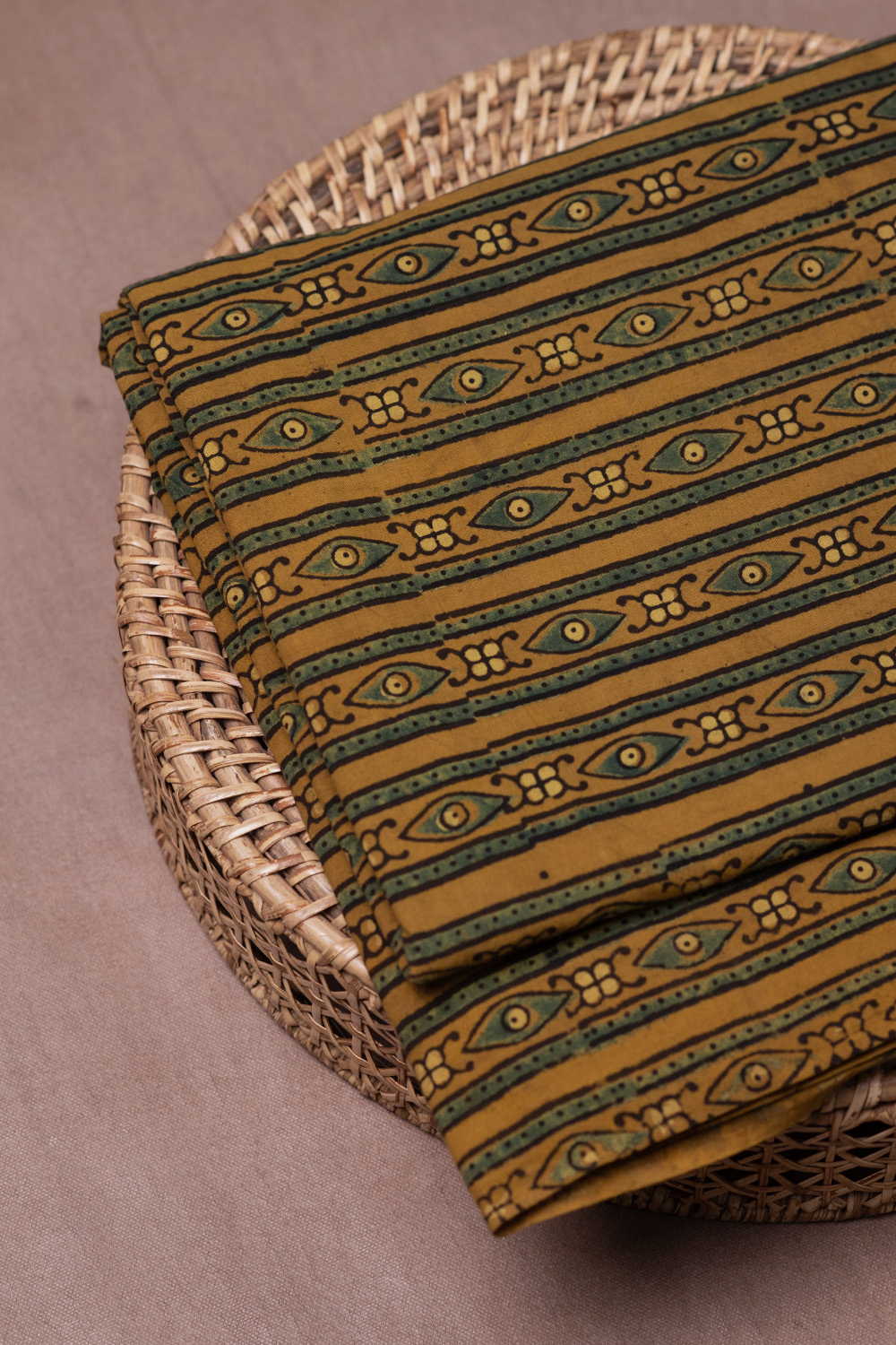 Green Stripes on Yellow Ajrak Cotton Fabric
